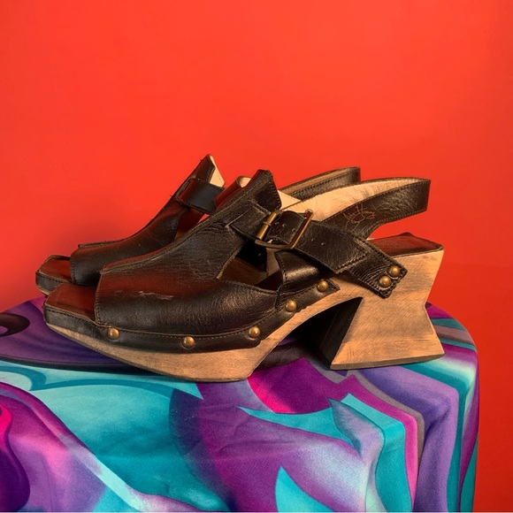 VTG John Fluevog AnswerBlack Leather Wooden Clog Open Toe Size Womens 10 - Picture 4 of 9